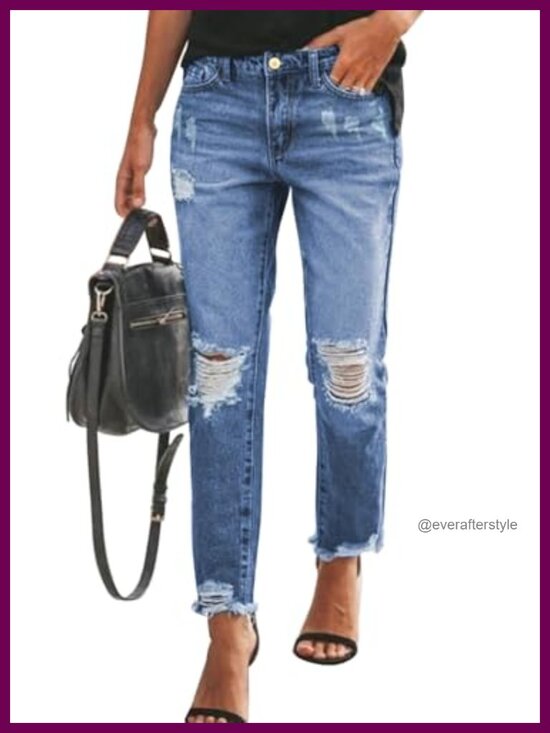 Denim - Women's Boyfriend Jeans Stretchy Ripped Distressed Denim Pants High Rise